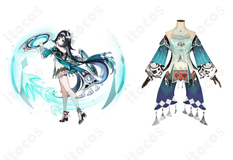 原神 藍硯のコスプレ衣装と公式イメージを並べた正面カット。高再現の配色とシルエットが一目で分かる構図です。