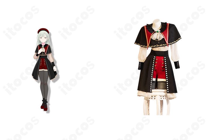 若葉睦『モーティス』コスプレ衣装の正面とキャラクタービジュアルの比較画像。色味と装飾配置の再現度がわかる構図