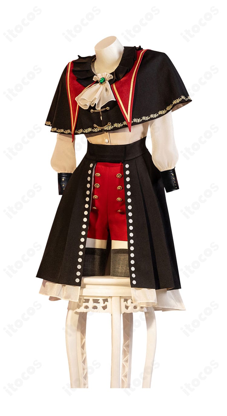 商品側面のディテール。披肩の落ち感やスカートとショートパンツのバランスが分かる若葉睦コスチューム