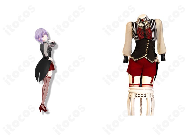 祐天寺にゃむ（アモーリス）のフルセット正面とキャラクター比較。バンドリ Ave Mujica衣装を忠実再現したコスチューム一式。