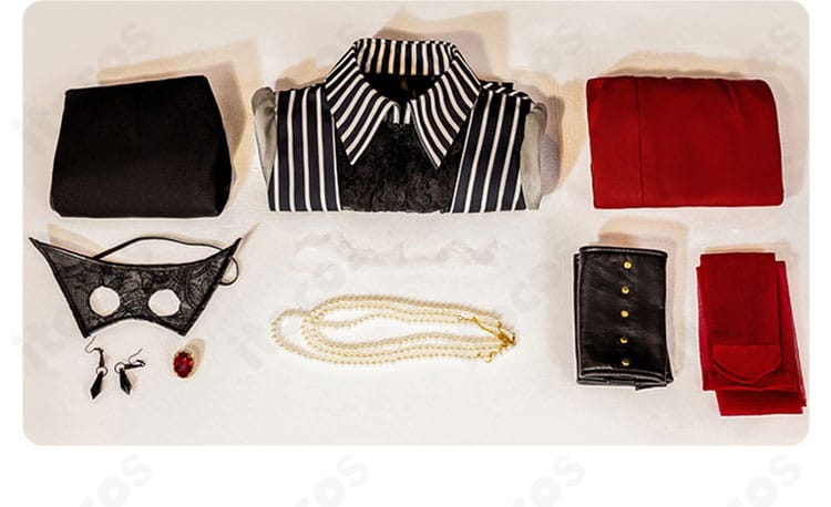 祐天寺にゃむ アモーリス衣装のセット内容一式。トップス、ジャンプスーツ、仮面、アクセまで一覧で確認可能。