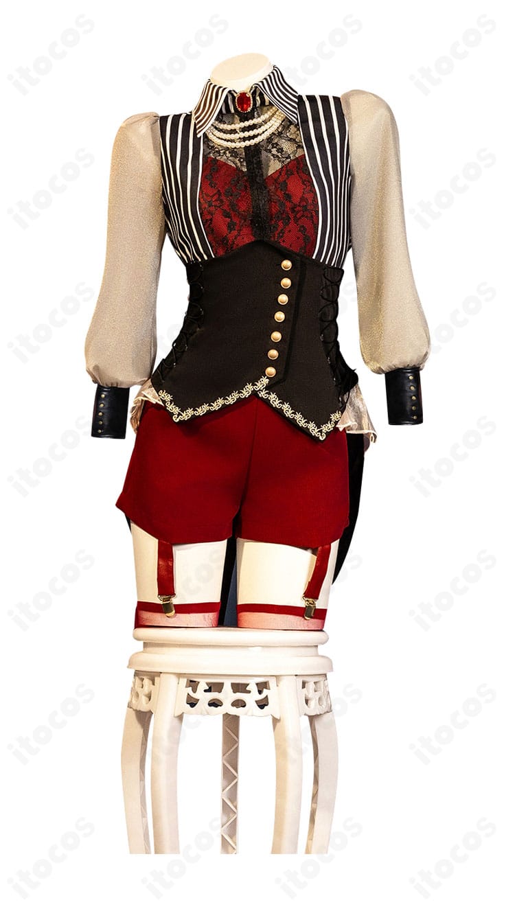 祐天寺にゃむ アモーリス衣装の正面全体像。ジャンプスーツとコルセットベルトのシルエットを確認できます。