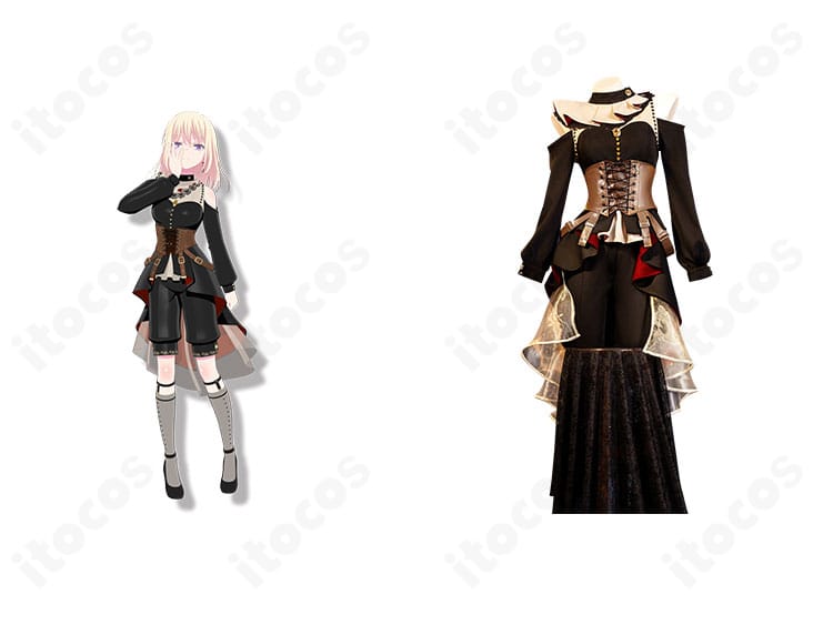 BanG Dream! Ave Mujica 三角初華 ドロリス版のコスプレ衣装とキャラクターが並ぶ正面カット。高品質な仕立てを示すイメージ。