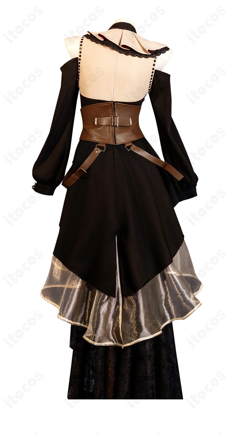 三角初華 ドロリス版コスプレ衣装の背面図。背面開閉部と裾デザインの再現度が分かる画像。