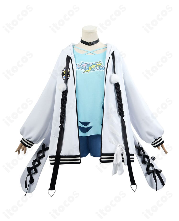 水宮枢コスプレ衣装の正面全体。胸元ロゴと前立て装飾が見えるカット