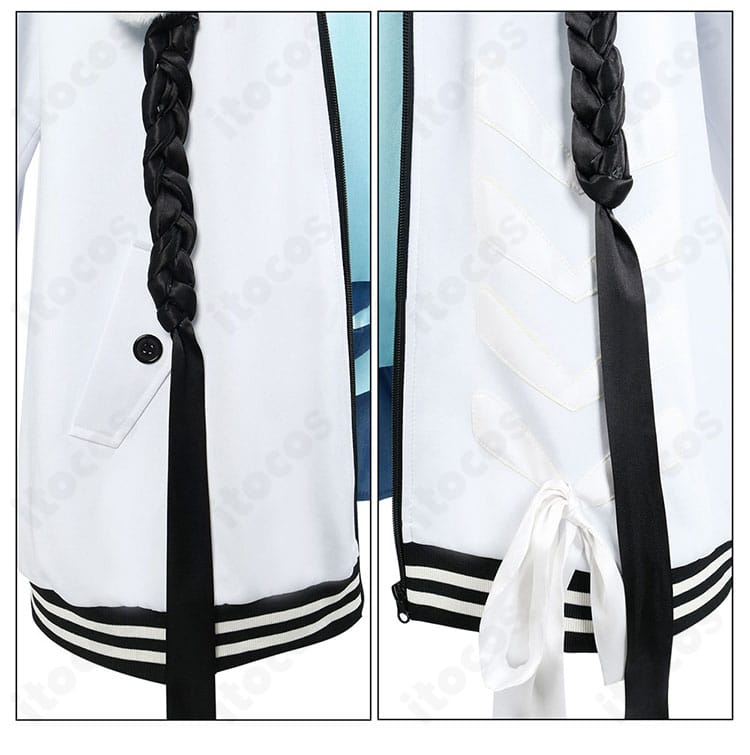 水宮枢コスプレ衣装の前立て装飾。ボタンとテープ意匠の質感が分かる写真