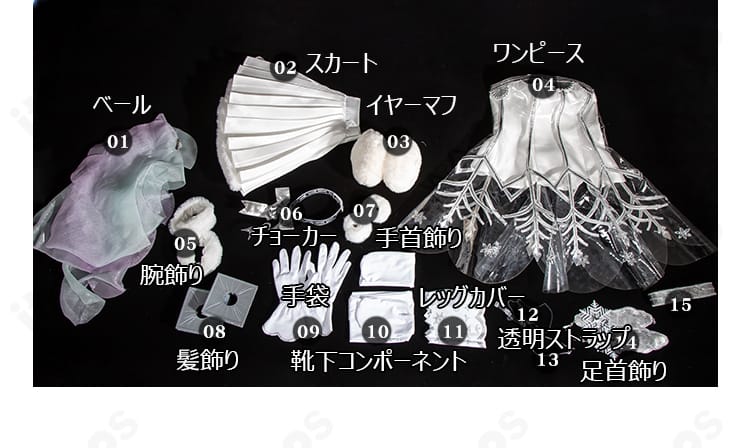 初音ミク シンフォニー2025衣装のセット内容一式を並べた画像。ベール、ワンピース、アクセサリーなど13点