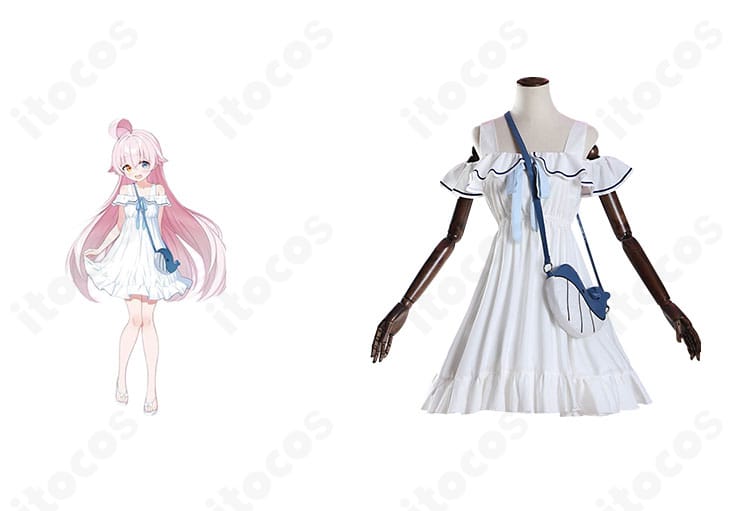 ブルーアーカイブ 小鳥遊ホシノの私服風ワンピース衣装と公式風イラストを並置した正面コラージュ。高再現の配色と鯨ポーチが特徴。