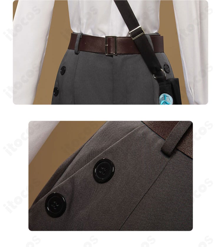 ズボンのポケットとベルト装飾のアップ。機能的な見た目を演出する金具・タブの配置が分かる