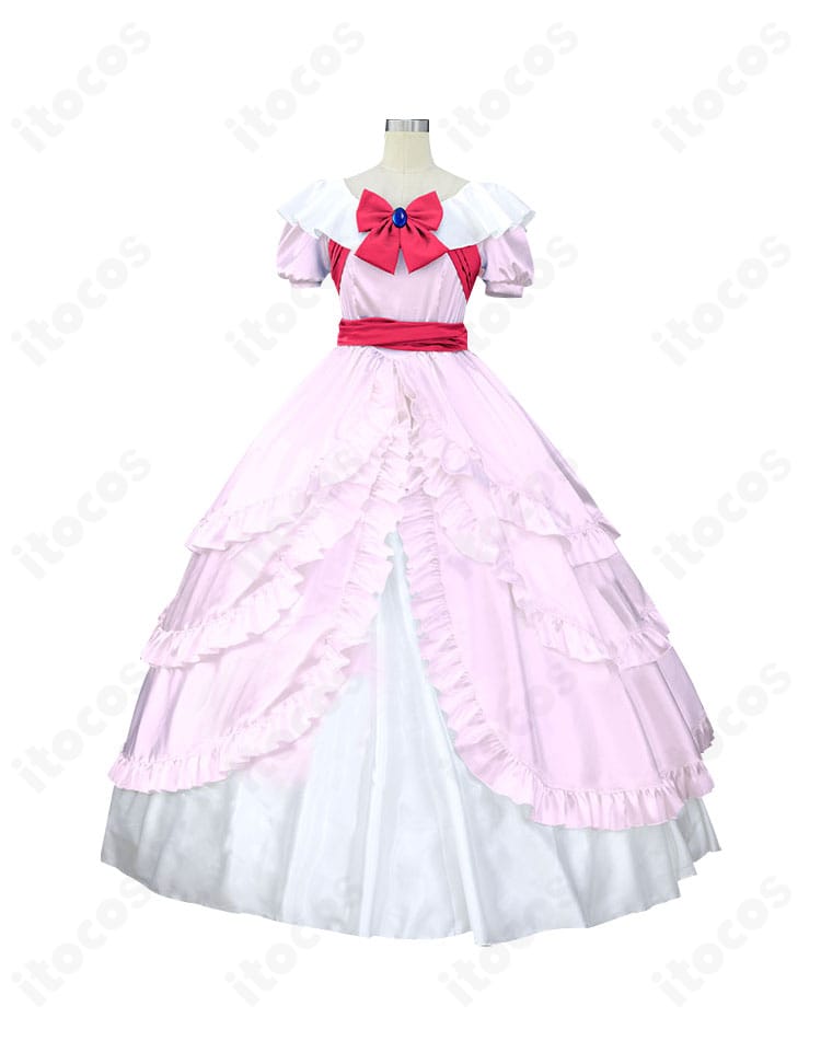 名探偵コナン 毛利蘭 ハート姫コスプレ衣装の正面全身。胸元の刺繍とAラインシルエット、蝶結びの配置が分かる。