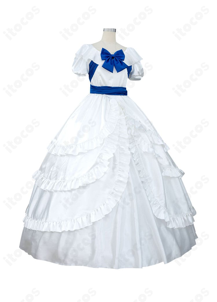 毛利蘭 ハート姫コスプレ衣装の側面。ウエストラインから裾にかけての広がりと帯のボリューム感を表現。