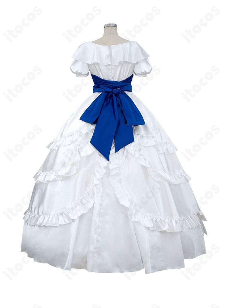 名探偵コナン 毛利蘭 ハート姫コスプレ衣装の背面。背中のファスナー開きと装飾刺繍、ベールの落ち感を確認。