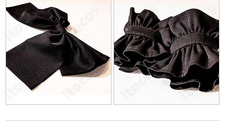 背中と腕飾りの装飾詳細。素材コントラストと装飾バランスの美しさを表現。