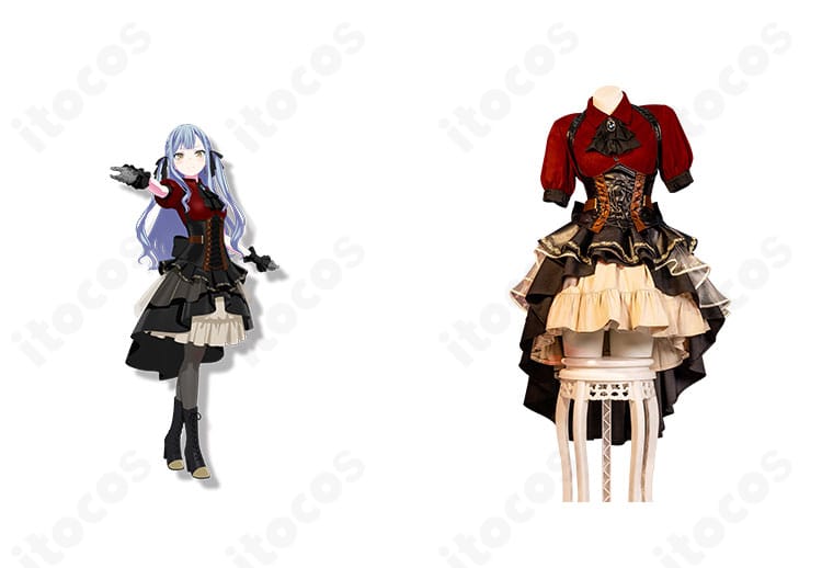 豊川祥子「オブリビオニス」衣装の正面＋キャラクター合成。仮面と蝶結びを含む高再現ステージコスチューム。