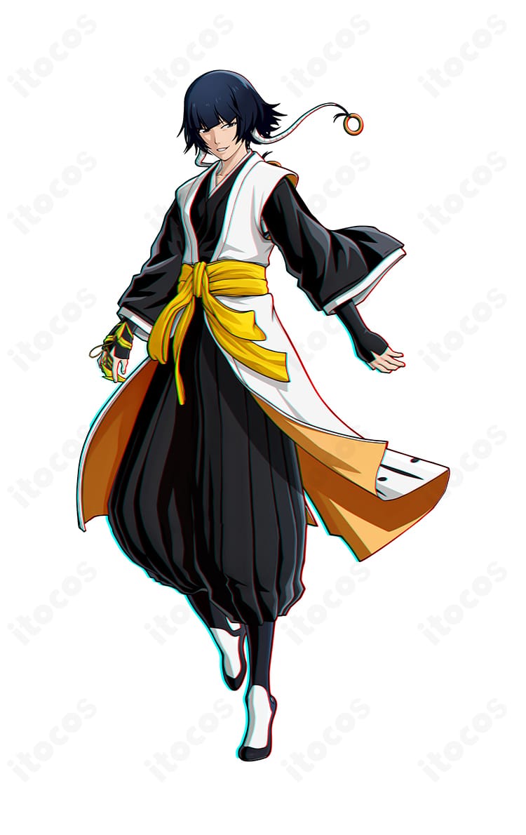 砕蜂の死覇装（隊長羽織付き）コスプレ衣装。BLEACH Rebirth of Souls準拠の装飾とシルエットを高精度に再現し、隊長羽織・トップス・袴・帯が揃う4点セットの全体画像。