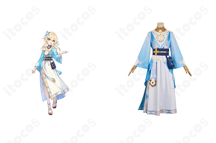 原神 旅人・蛍 花神誕祭Ver.のコスプレ衣装とキャラクターイメージの組み合わせ。高再現ディテールが分かる正面全景。