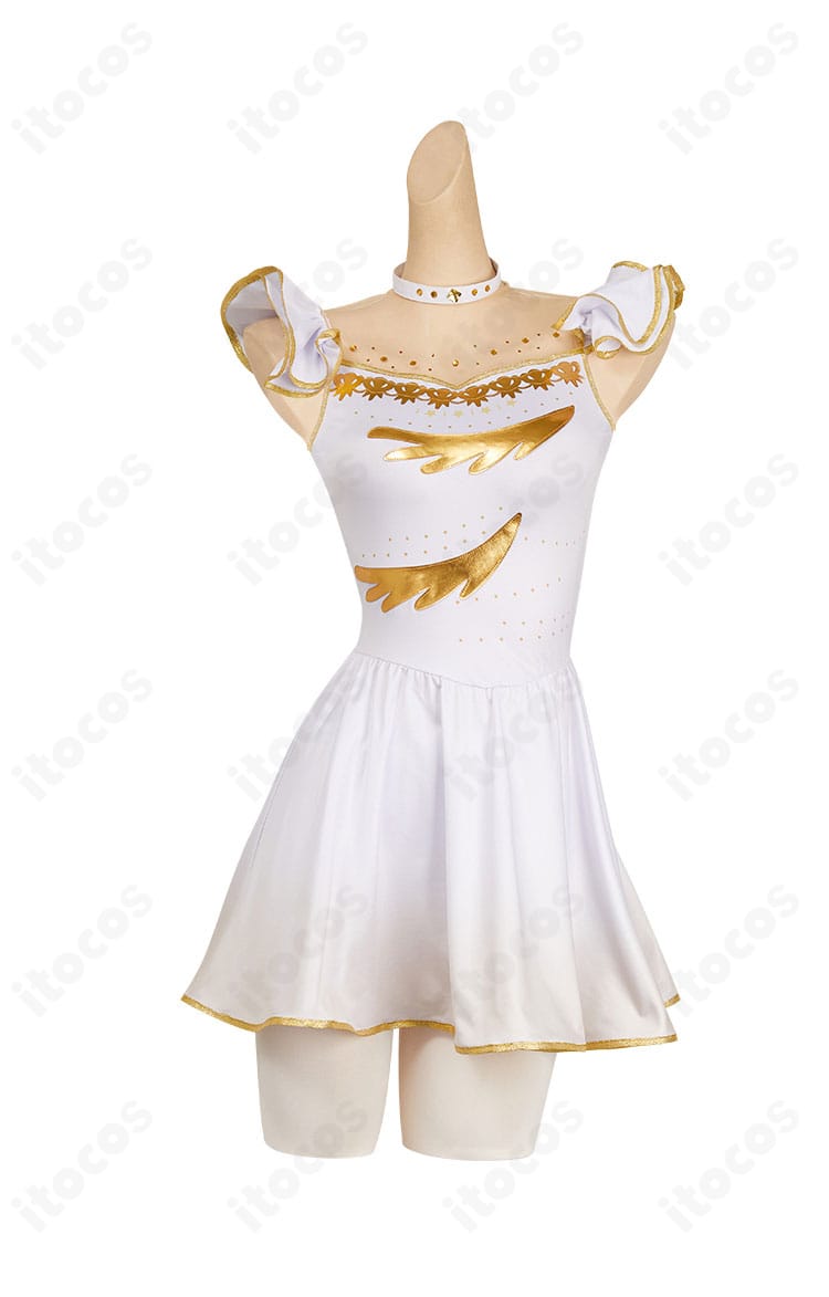 メダリスト 結束いのり コスプレ衣装の正面全景。ワンピースのラインとタイツのフィット感、縫製の仕上がりが分かるディテール。