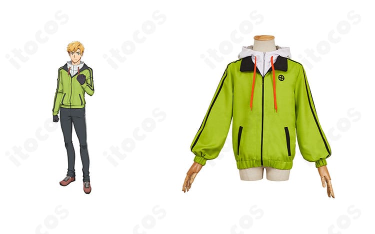 商品正面とキャラクター画像の比較：メダリスト 明浦路司 コート衣装の全体再現とキャラビジュアルの対応が分かる写真