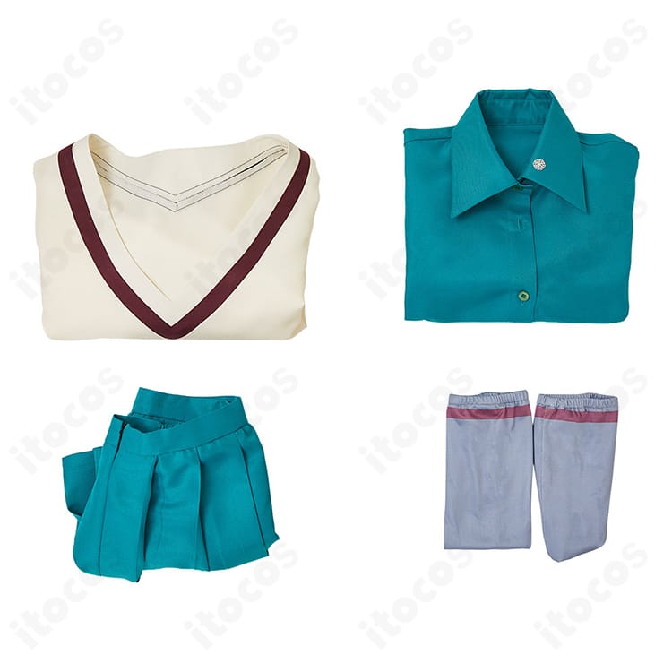 セット内容一覧のレイアウト画像。シャツ・トップス・スカート・ネクタイ・靴下の5点が並ぶ。