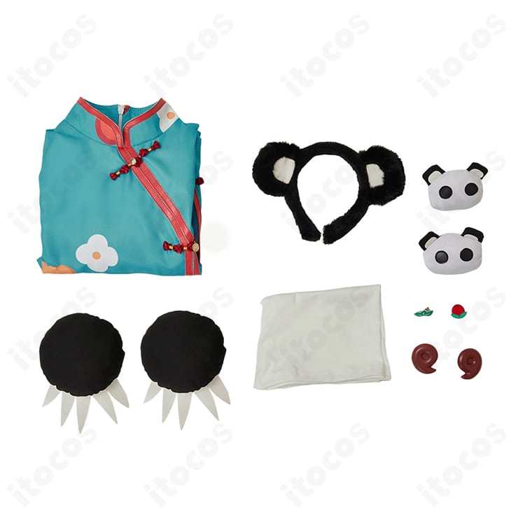 八尋寧々 チャイナドレス セット内容一式展示。ドレス・レギンス・手袋・カチューシャ・髪飾り。