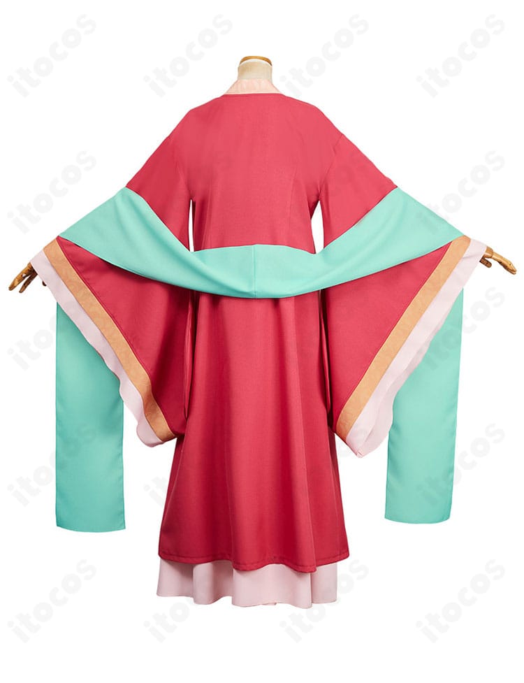 背面から見た全体。背面装飾と裾の広がりが美しい玉葉妃の宮廷衣装。