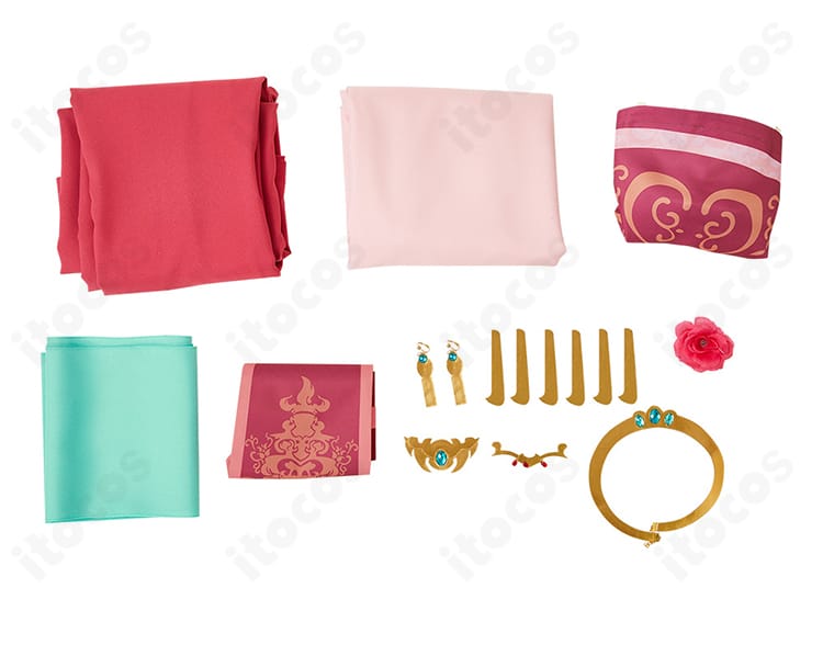 セット内容一覧。コート、インナー、スカート、コルセットベルト、ショール、ネックレス、髪飾り、耳飾りが揃った玉葉妃衣装一式。