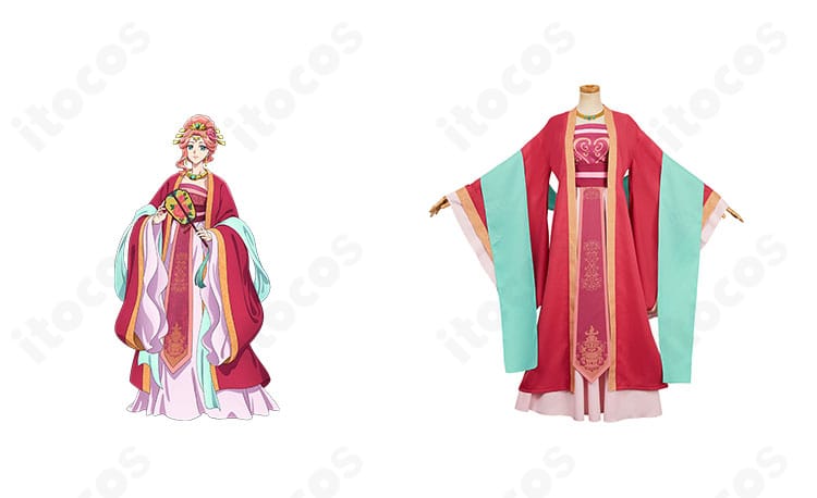 玉葉妃のコスプレ衣装とキャラクタービジュアルを並べた正面カット。薬屋のひとりごと宮廷衣装の全体像。