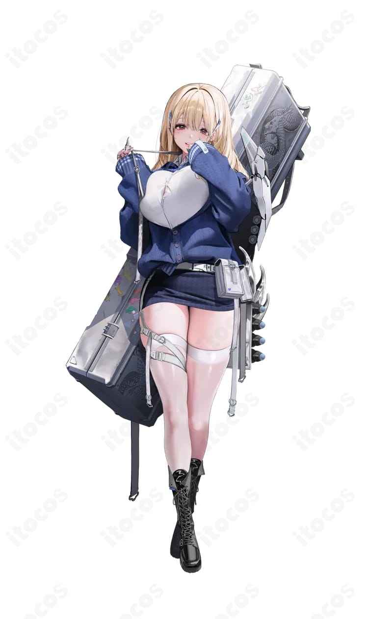 『勝利の女神：NIKKE』ティアのコスプレ衣装イメージ。カーディガンとスカート、腰のケース、足のベルト、髪飾り・リボンのディテールが分かる全身ビジュアル。