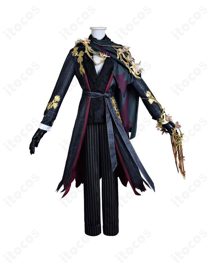 第五人格 リッパー（ジャック）夜来香コスプレ衣装の正面全体。ロングコートとベスト、マフラーの構成が確認できます。