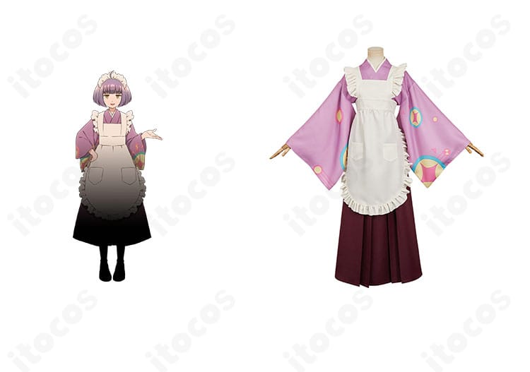 塚原音子の着物スタイルを再現したコスプレ衣装の正面とキャラクターイメージの合成。着物・袴・エプロン・ヘッドドレスが一目でわかる構図。