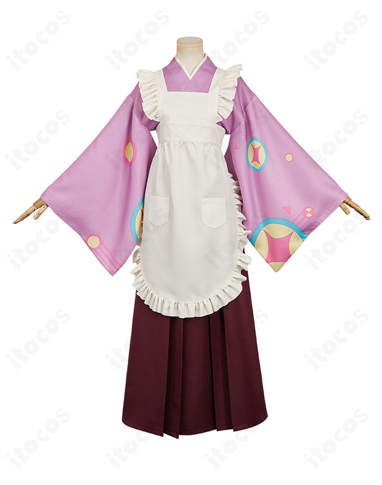 塚原音子コスプレ衣装の正面全景。着物の打ち合わせとエプロンのライン、袴の落ち感を確認できる写真。