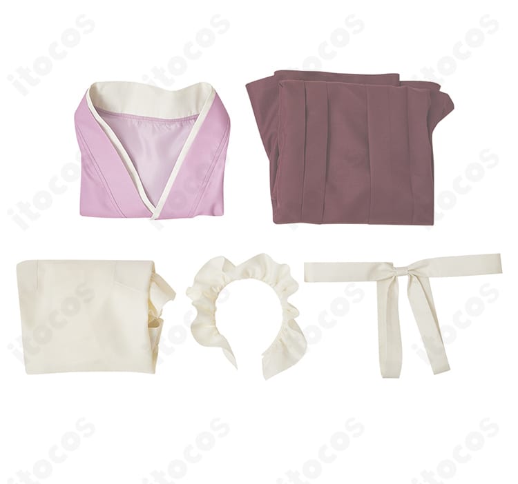 塚原音子コスプレ衣装のセット内容一式を並べた画像。着物、袴、エプロン、ヘッドドレス、背部蝶結びが揃う。