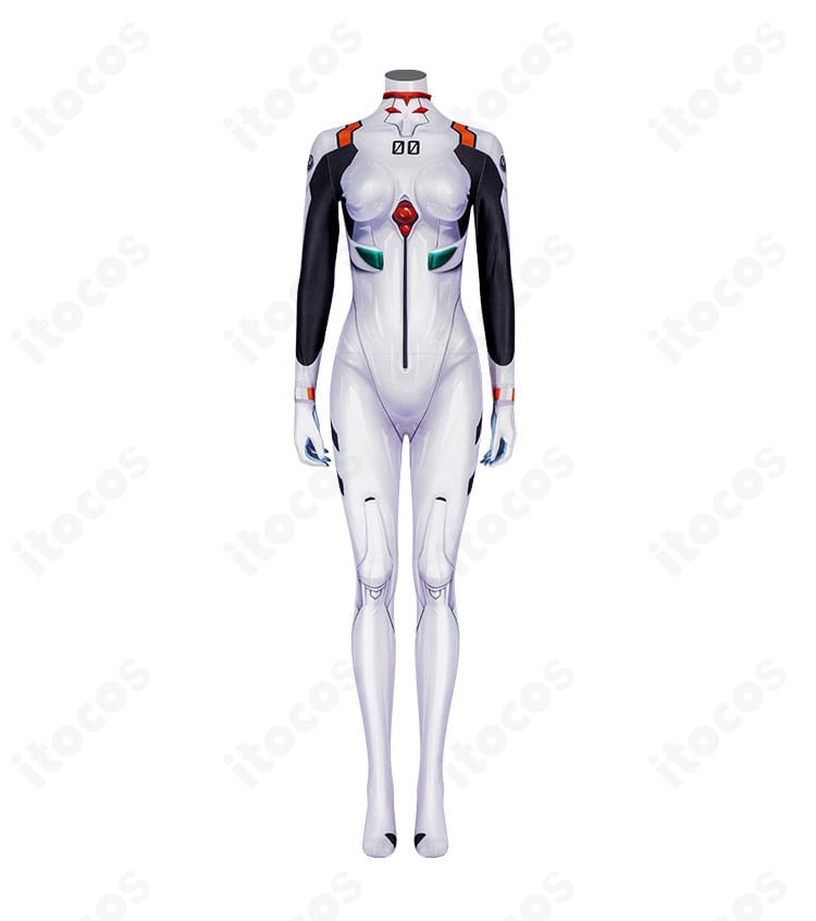 商品正面図。綾波レイのコスプレ用全身ボディスーツのシルエットと配色を確認できる画像。