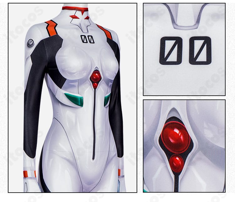 胸部・腰部の装飾ディテール。綾波レイのプラグスーツ特有の配色と立体感を強調。