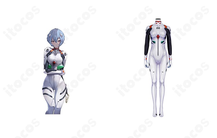 綾波レイのプラグスーツ一式と商品正面の組み合わせ写真。エヴァンゲリオンの意匠を忠実に再現した高発色デザイン。