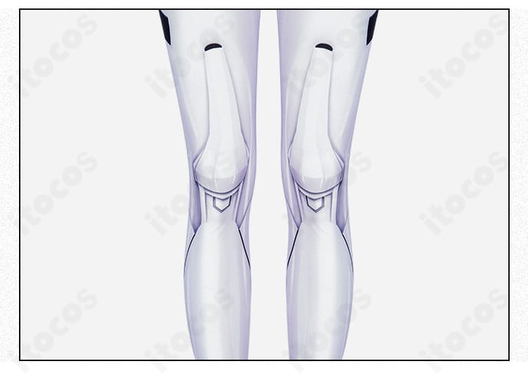 脚部タイツの装飾ディテール。膝〜足首のカラーブロックとラインを鮮明に表示。