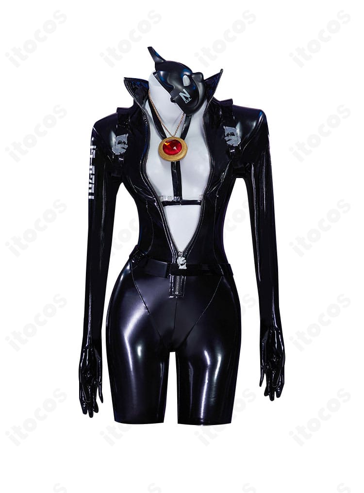 コスチューム正面図。勝利の女神：NIKKE クエンシー エスケープクイーンの全身タイツと装飾配置を確認できる写真。