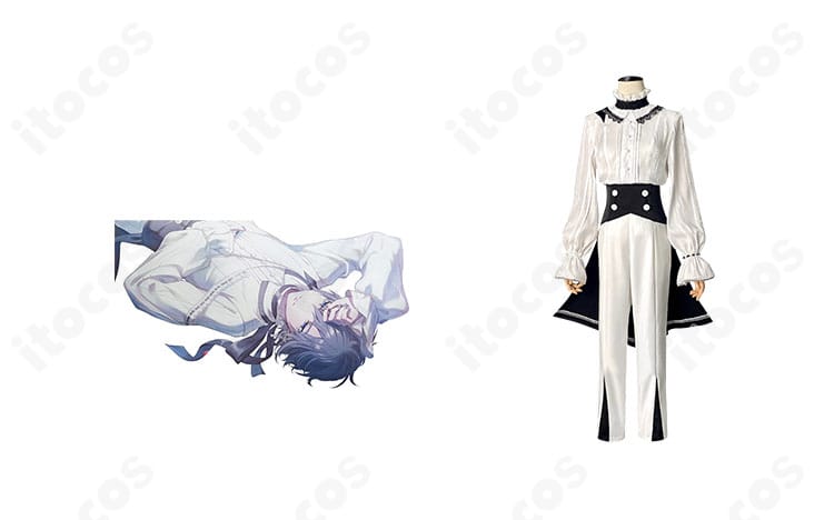 プロジェクトセカイ KAITO コスプレ衣装の正面全身とキャラクター比較。コルセットベルトとオーバースカートの再現度が分かる画像