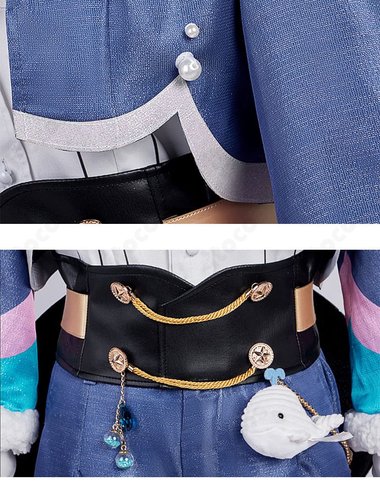 外套の裾デザインと腰部装飾のクローズアップ。動きで映える意匠を示す青柳冬弥衣装の部分写真