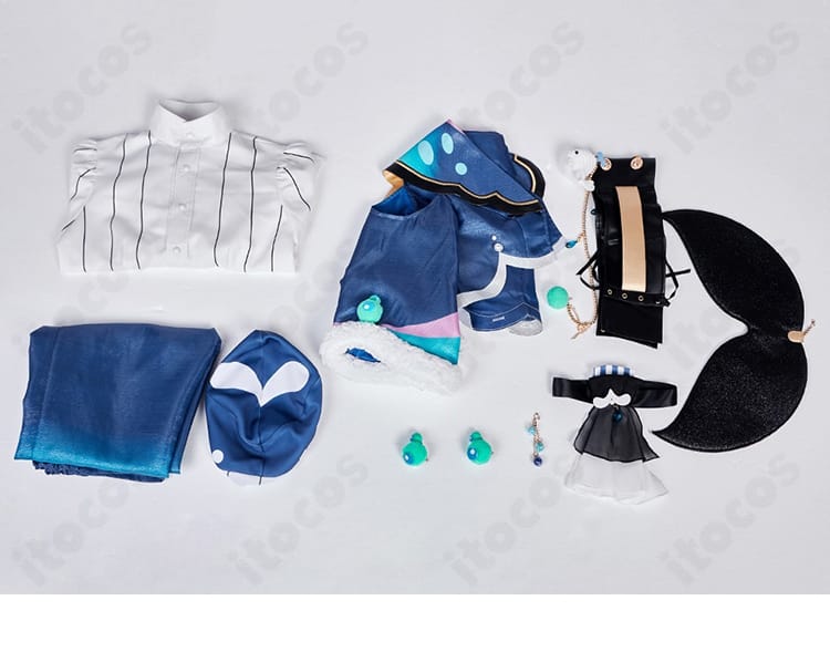 セット内容一覧。コート・シャツ・ズボン・コルセットベルト・帽子・スカーフ・耳飾り・背飾り・靴飾りを並べた写真