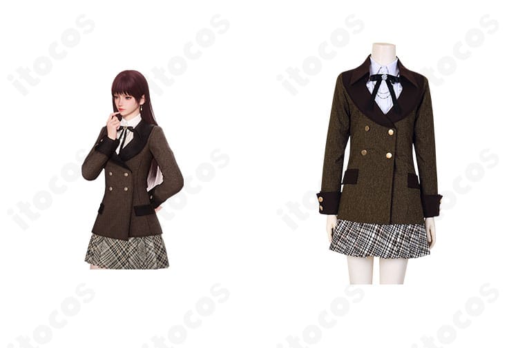 恋と深空 プレイヤー「落ち葉の蜜語」コスプレ衣装の正面全体。キャラクターイメージと並び、色調とシルエット、秋色モチーフの配置がわかる商品画像。