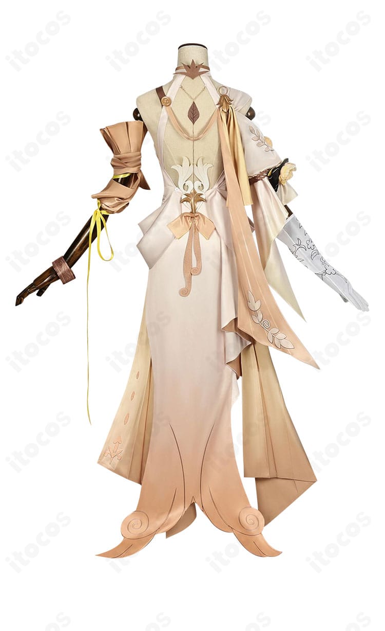 アグライア衣装の背面ビュー。背飾りとチェーンの取り付け位置、シルエットの流れが分かる商品画像