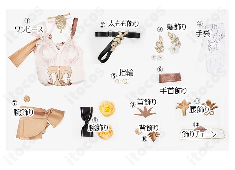 セット内容一覧。ワンピース、髪飾り、手袋、指輪、手首飾り、腕飾り、首飾り、背飾り、飾りチェーン、腰飾り、太もも飾りを並べた画像