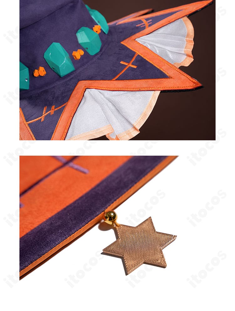 鏡野七罪 コスプレ衣装 帽子と襟の装飾。首周りとのコーディネート感が伝わる写真。