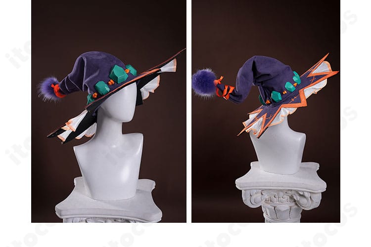 鏡野七罪 コスプレ衣装 帽子ディテール。ウィッチの象徴となる大きな帽子の形状。