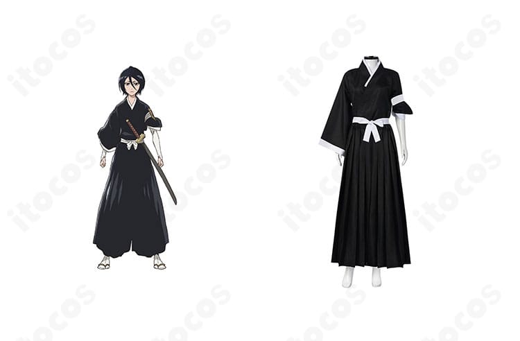 BLEACH 朽木ルキアの死覇装コスプレ衣装・正面とキャラクター比較。イベント会場での着用イメージが分かる解像度の高い組み合わせ図。