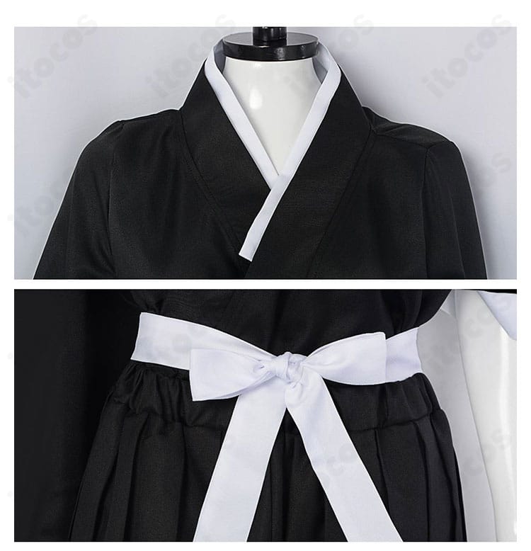 朽木ルキア 死覇装の襟と腰帯ディテール。襟元の重なりと帯の装飾・縫製を拡大し、質感と仕立ての丁寧さを表現。