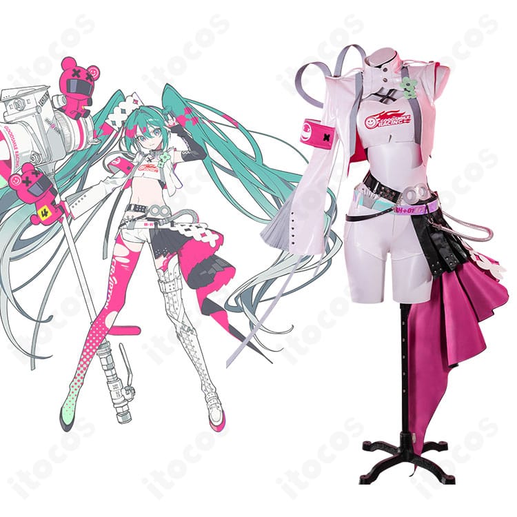 初音ミク レーシングミク2025Ver.の正面全体とキャラクタービジュアルを並置した参考画像。配色とロゴ風意匠を高再現。