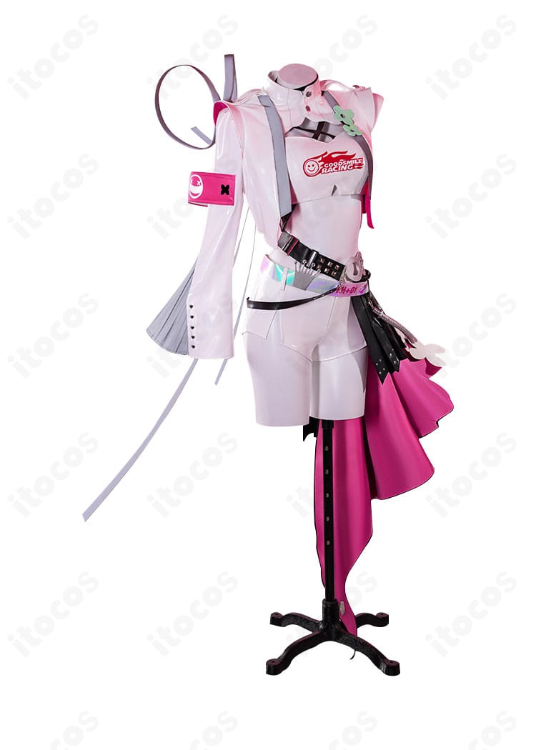 レーシングミク2025Ver. コスプレ衣装の右側面。袖口とサイドパネルのラインが見えるサイドビュー。