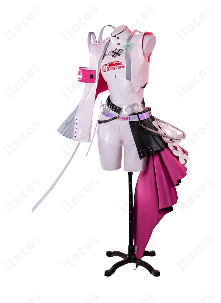 レーシングミク2025Ver. コスプレ衣装の左側面。左腰の切替と装飾の配置が分かる写真。